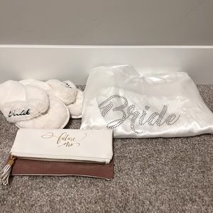 Bride goodies, slippers, robe, and clutch